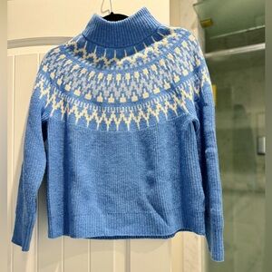 J. Crew size XS Fair Isle Mock Neck Pullover Sweater Blue Cream White Wool Blend